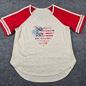 LA Threads Raglan Tee Womens Large Beige Red Patriotic Heart Graphic